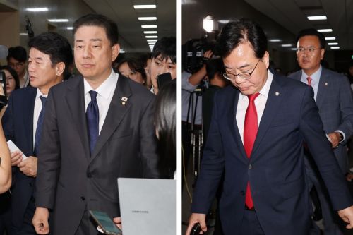 더불어민주당 김병기 원내대표와 문진석 원내운영수석부대표(왼쪽 사진), 국민의힘 송언석 원내대표와 유상범 원내운영수석부대표(오른쪽 사진). 연합뉴스