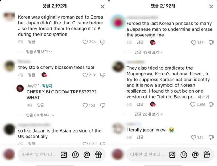 해당 영상 댓글 창에는 2000여 개가 달리며 일본의 과거사가 연달아 언급됐다. 틱톡 'JAY' 채널 캡처