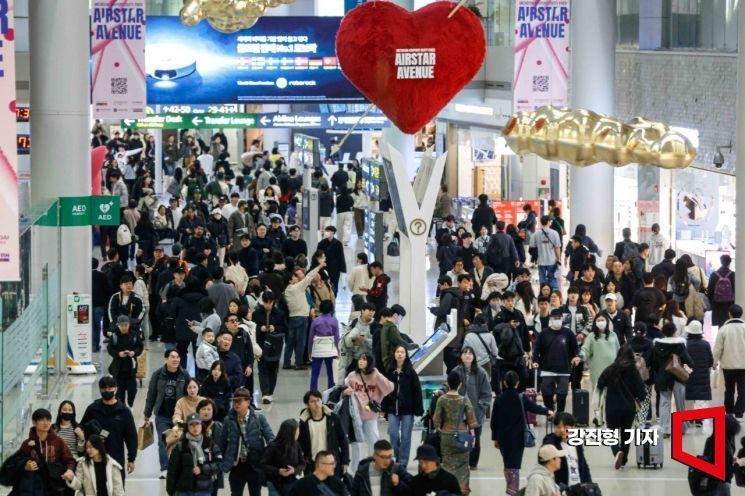 임시공휴일이 포함된 설 명절 연휴를 앞둔 지난 1월24일 인천국제공항 제1여객터미널을 찾은 여행객들이 발권하기 위해 줄을 서고 있다. 인천국제공항공사는 설 연휴 특별 교통 대책 기간 10일간 총 214만1000명, 일평균 21만4000명의 여객이 공항을 이용할 것으로 전망했다. 강진형 기자