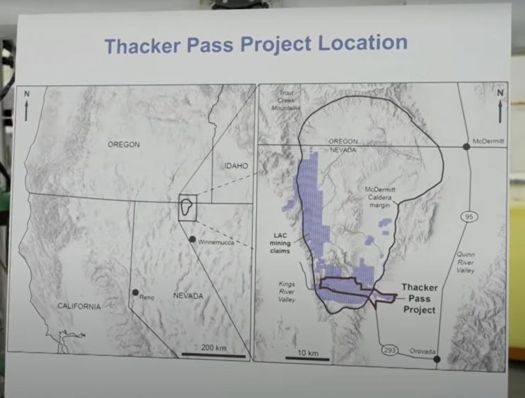 리튬아메리카스와 제너럴모터스(GM)가 공동 개발 중인 미국 네바다주에 위치한 '태커 패스(Thacker Pass)' 광산의 지도 모습. 리튬아메리카스 홈페이지