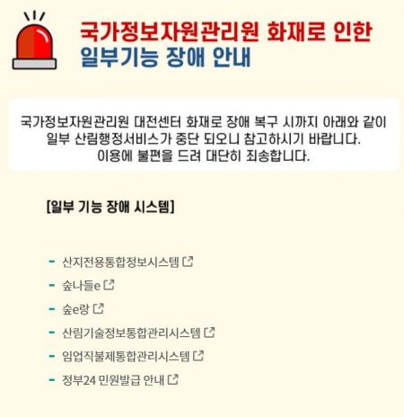 '국정자원 화재' 관세·조달·산림청 시스템 장애…"긴급 대응체제 돌입"