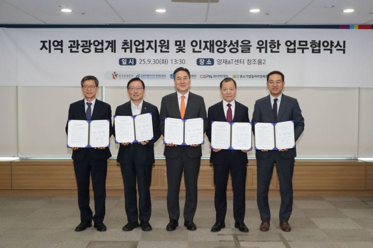 이성희 전남중소기업일자리경제진흥원장, 신형근 충북기업진흥원장, 서영충 관광공사 사장 직무대행, 서동면 강원경제진흥원장, 강희택 충남경제진흥원 일자리정책실장이 30일 서울 aT센터에서 지역 관광업계 취업지원 및 인재양성을 위한 업무협약을 체결한 뒤 기념사진을 찍고 있다.   [사진 제공= 한국관광공사]