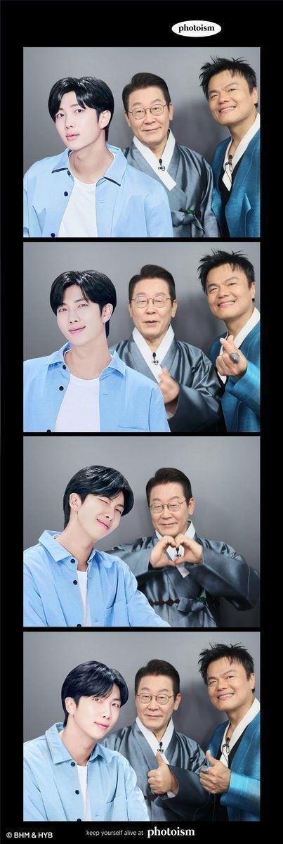 1일 이재명 대통령과 박진영 대중문화교류위 공동위원장이 방탄소년단(BTS) RM이 담긴 프레임으로 네 컷 사진을 찍고 있다. 이 대통령 엑스