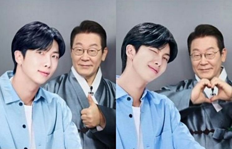 1일 이재명 대통령이 방탄소년단(BTS) RM이 담긴 프레임으로 네 컷 사진을 찍고 있다. 이 대통령 엑스