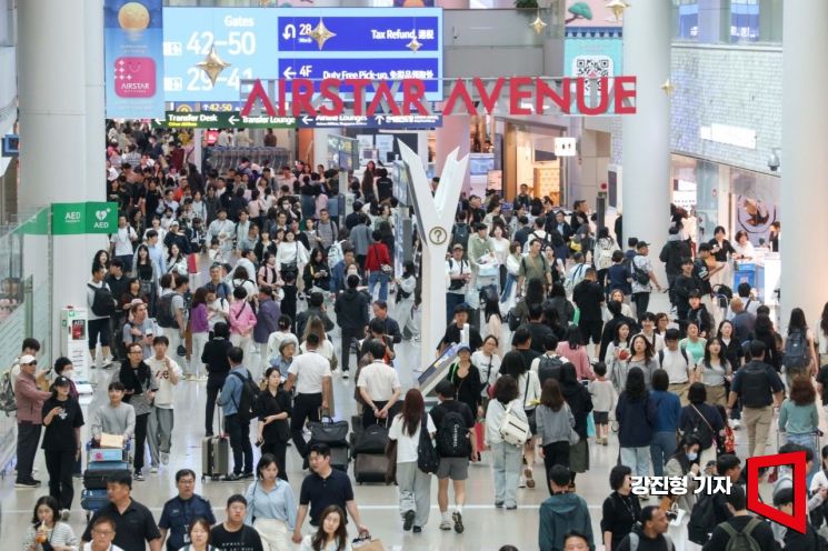 추석 황금연휴 시작인 지난 2일 인천국제공항 제1여객터미널 면세구역을 찾은 여행객들로 붐비고 있다.