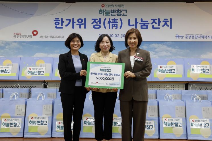 건보공단 부산울산경남본부이 추석맞이 ‘한가위 情 나눔잔치’를 갖고 기념촬영하고 있다.