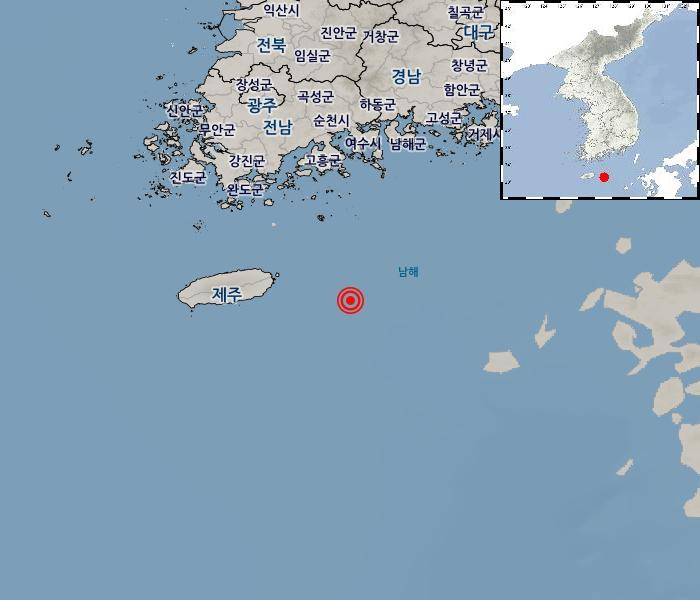 5일 낮 12시 49분 56초 전남 여수시 거문도 남남동쪽 87㎞ 해역에서 규모 2.8의 지진이 발생했다. 기상청 제공