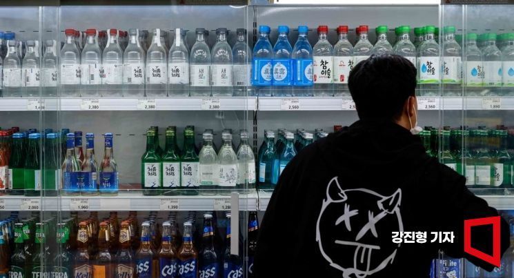 Soju is displayed on the liquor shelf at a large supermarket in downtown Seoul.