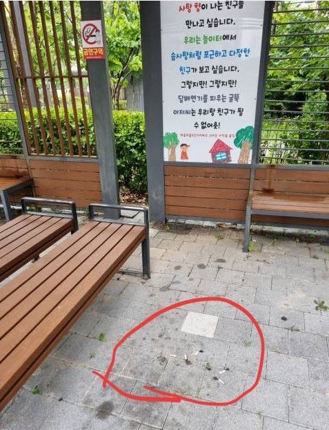 세종시 대평동의 한 공동주택구역 내 설치된 어린이 놀이터에서 흡연자들이 흡연을 하고 담배꽁초를 버린 흔적. /사진= 김기완 기자