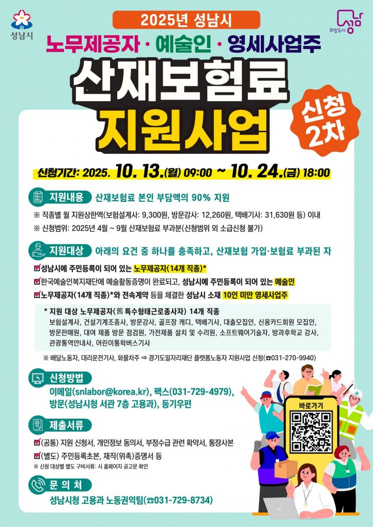 2025년 성남시 노무제공자·예술인·영세사업주 산재보험료 지원사업 홍보 포스터. 성남시 제공