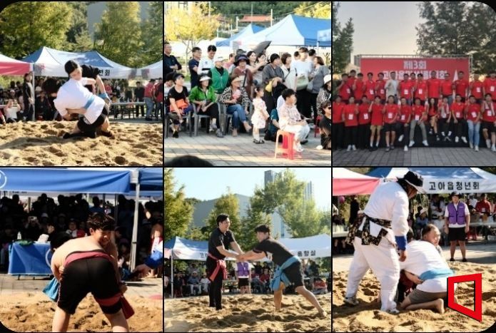 '시민이 함께 웃고, 땀 흘리며 화합하는 마을축제'답게 남녀노소 다 같이 씨름을 즐기고 있다.고아읍청년회 단체사진/김이환기자