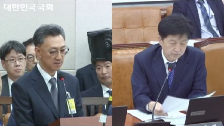 13일 국회 기획재정위원회 국정감사에서 고정욱 롯데지주 재무혁신실장 사장(왼쪽)이 증인으로 출석해 오기형 더불어민주당 의원의 질의에 답하고 있다. 국회인터넷의사중계시스템 화면 출처 : 세정일보(https://www.sejungilbo.com)