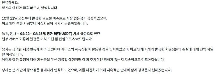 [비트코인 지금]빗썸 "테더 급등에 대여 서비스 자동상환…전액 지원"
