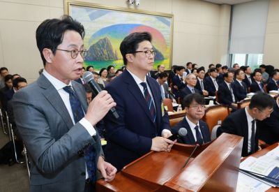 조좌진 롯데카드 대표이사(왼쪽)가 14일 서울 영등포구 여의도 국회에서 열린 공정거래위원회, 개인정보보호위원회 등에 대한 정무위원회 국정감사에 증인으로 출석, 의원 질의에 답하고 있다. 왼쪽 두 번째는 김병주 MBK파트너스 회장. 연합뉴스