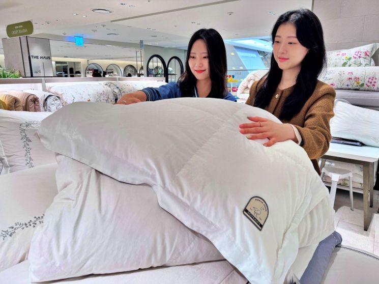 롯데백화점 본점 8층 홈패션 매장에서 모델이 구스 침구를 홍보하고 있다. 롯데백화점 제공
