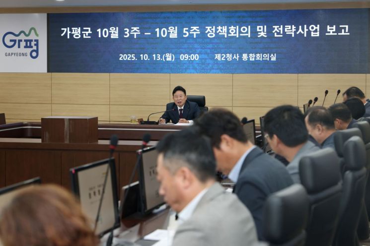 서태원 가평군수가 지난 13일 2청사 통합회의실에서 '2025년 50대 전략사업 3분기 보고회'를 열고 있다. 가평군 제공