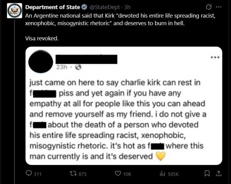 미 국무부가 공개한 커크 암살 지지 외국인 SNS 게시글. 미 국무부 엑스