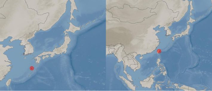 The left side shows the earthquake occurrence area in Kagoshima Prefecture, Japan, and the right side shows the earthquake occurrence area in Hualien County, Taiwan. / Korea Meteorological Administration