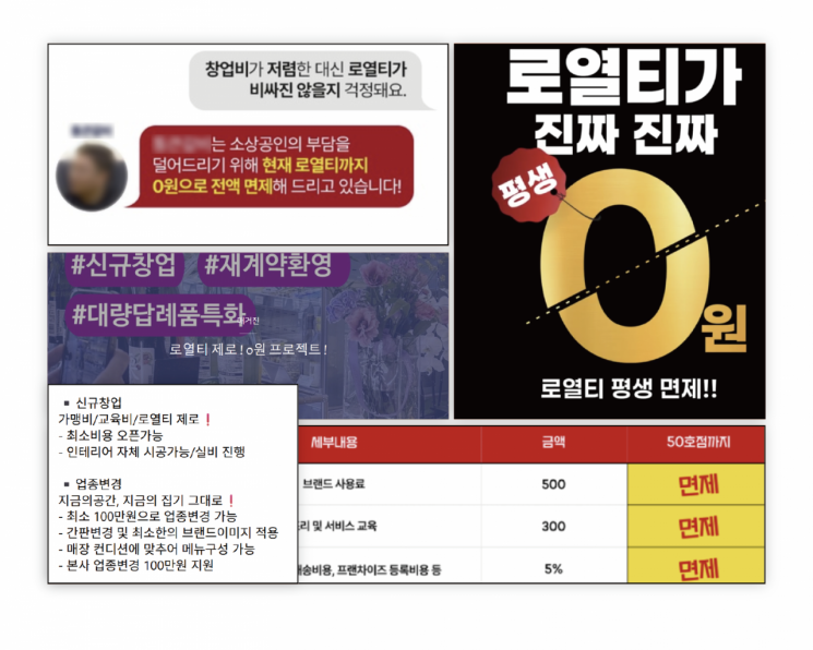 '로열티 제로'와 '로열티 면제'를 홍보하는 한국 프랜차이즈들.