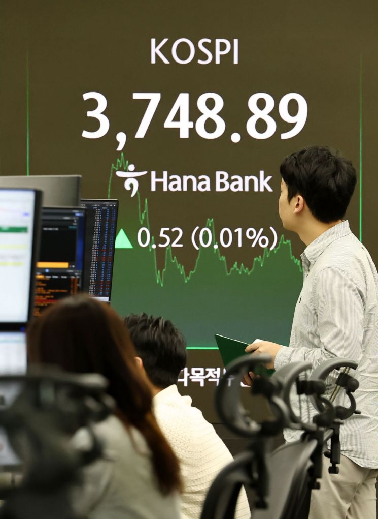 코스피가 0.52p(0.01%) 오른 3748.89에 장을 종료한 17일 서울 명동 하나은행 본점 딜링룸에서 딜러들이 업무를 보고 있다. 연합뉴스