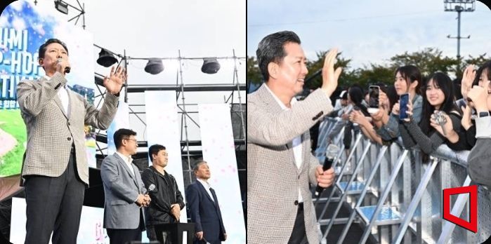 힙합페스티벌에서 김장호 구미시장이 인사말과 청년들과 소통하는 모습이다./김이환기자