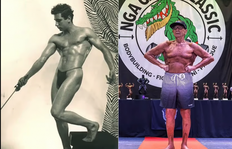 17세이던 1942년 '스트렝스앤머슬매거진'(Strength and Muscle Magazine)에 실린 사진과 100세이던 올해 5월 '내셔널짐어소시에이션'(National Gym Association)의 게이터클래식(Gator Classic) 부문 무대에 선 모습. 데일리메일