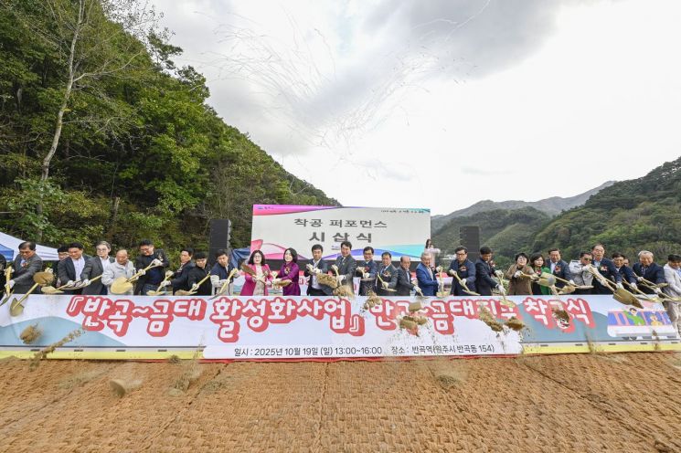 원강수 원주시장 등 참석자들이 지난 19일 반곡역에서 반곡 금대 관광 열차의 시범 운행을 실시하고 똬리굴 착공 기념식에서 시삽을 하고 있다. 원주시 제공
