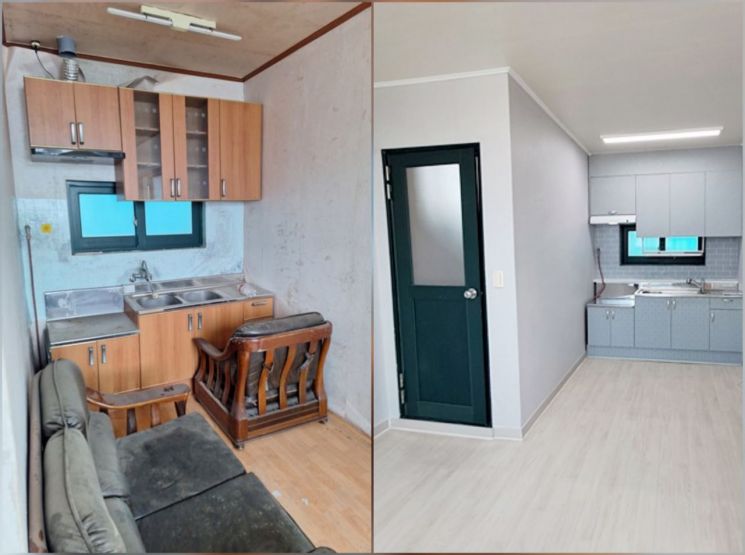 해남군 북일면 갈두마을 어르신 쉼터의 공사 전(좌)과 공사 후의 모습(우). 해남군 제공