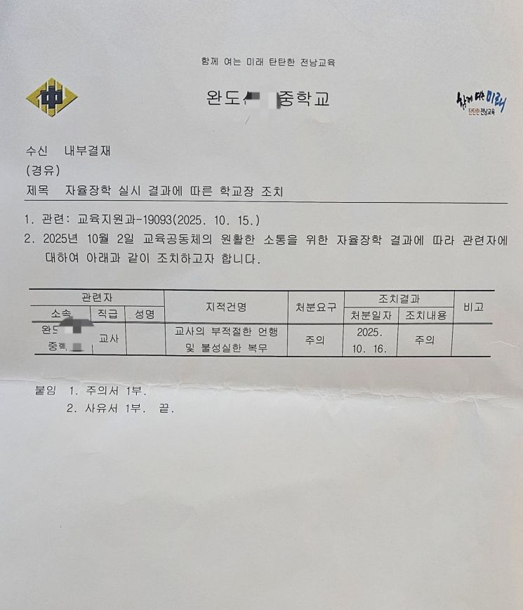 완도 A중학교는 B교사에 대해 '교사의 부적절한 언행 및 불성실한 업무'를 지적하는 '주의' 처분의 공문을 발송했다. 이준경 기자