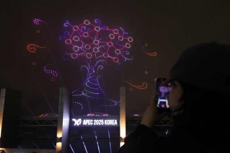아시아태평양경제협력체(APEC) 정상회의 개최를 기념하는 멀티미디어쇼가 경북 경주시 보문호 수상 공연장에서 열리고 있다. 연합뉴스