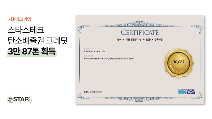 기후테크 스타트업 스타스테크, 탄소배출권 크레딧 3만87t 획득