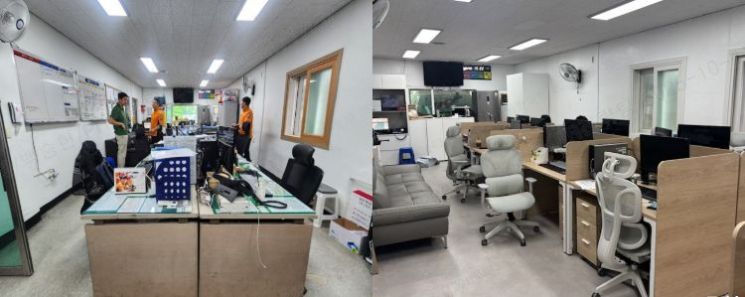 한샘이 부산 해운대소방서 반여119안전센터의 사무실, 대기실, 샤워실 등 노후 시설을 새롭게 단장했다. 사진은 사무 공간 개선 전(왼쪽)과 후(오른쪽). 한샘