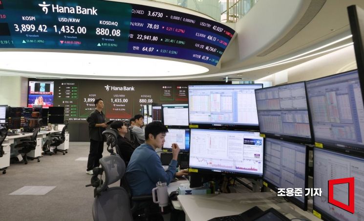 코스피 지수가 장중 사상 최고치를 경신한 지난 24일 서울 중구 하나은행 딜링룸 현황판에 코스피,