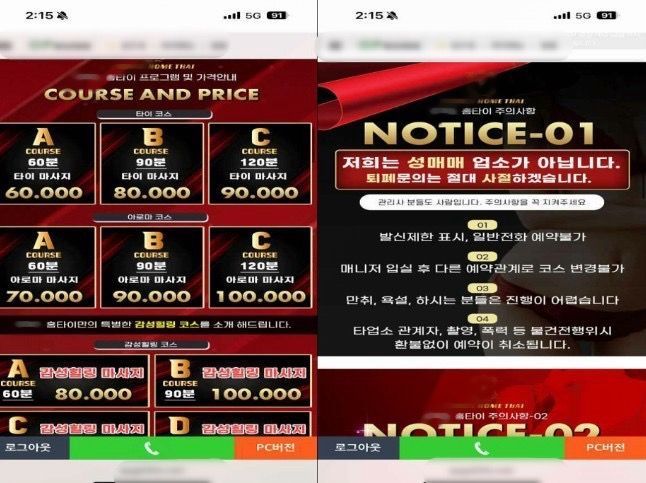 출장 마사지 광고 사이트, 전단지 사진. 서울경찰청.