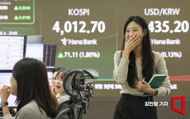 국내 대표 주가지수인 코스피가 사상 처음으로 4000선을 돌파한 27일 서울 중구 하나은행 본점 딜링룸에서 딜러들이 업무를 보고 있다. 2025.10.27 강진형 기자