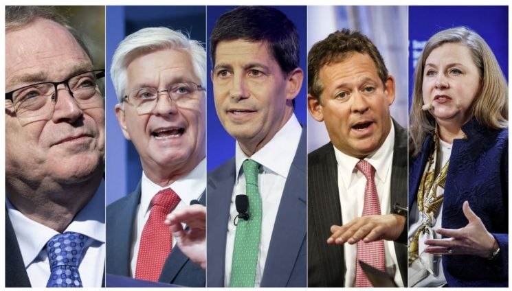 차기 미국 연방준비제도(Fed) 의장 후보군. 케빈 해싯 백악관 국가경제위원회(NEC) 위원장, 크리스토퍼 월러 Fed 이사, 케빈 워시 전 Fed 이사, 릭 라이더 블랙록 최고투자책임자(CIO), 미셸 보먼 Fed 부의장(왼쪽부터). 악시오스 제공.