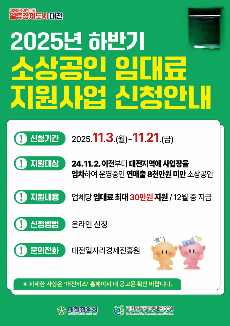 대전시, 소상공인 '임대료' 최대 30만원 지원