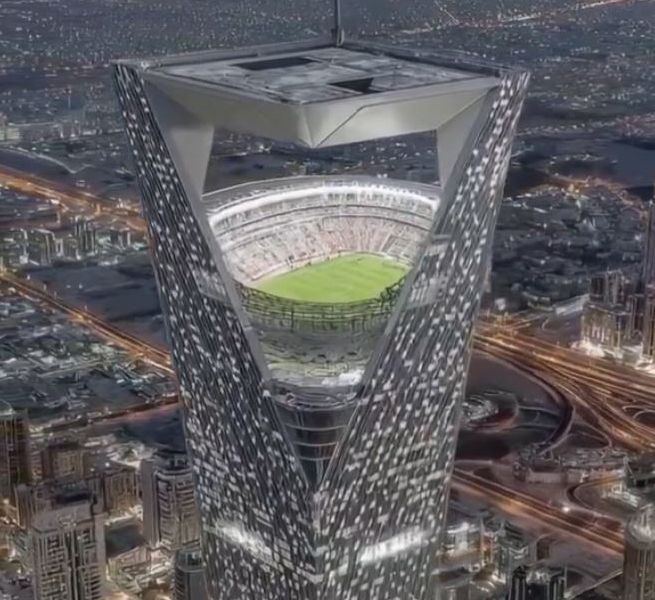 2034년 FIFA월드컵 개최를 앞둔 사우디아라비아가 네옴시티에 건설할 것으로 전해진 '하늘 위 축구장'의 모습. 엑스