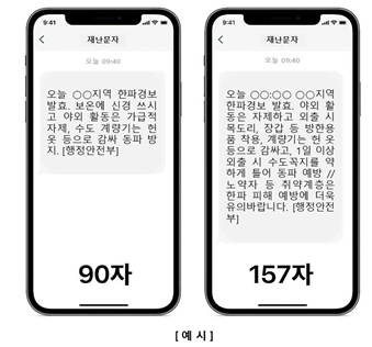 31일부터 4개 지역에서 기존 90자였던 재난문자 길이를 최대 157자까지 확대하는 기능의 시범운영을 시작한다. 행안부 제공