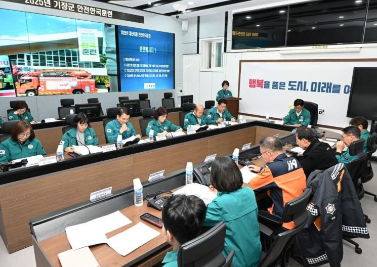 기장군이 재난안전상황실에서 현장훈련과 실시간 연계한 토론기반훈련을 진행하고 있다. 기장군 제공