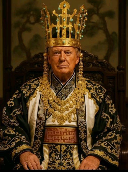 도널드 트럼프 미국 대통령이 천마총 모양 금관을 쓰고 한국 고대 의복을 입고 있는 합성 사진. 엑스(X·옛 트위터) 캡처