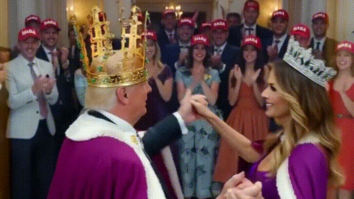 트럼프 대통령은 금관을 쓴 채 멜라니아 여사와 함께 무도회장처럼 춤을 추며, 주변 인물들은 두 사람을 향해 박수를 보내고 있는 인공지능(AI) 합성 영상. 엑스(X·옛 트위터) 캡처