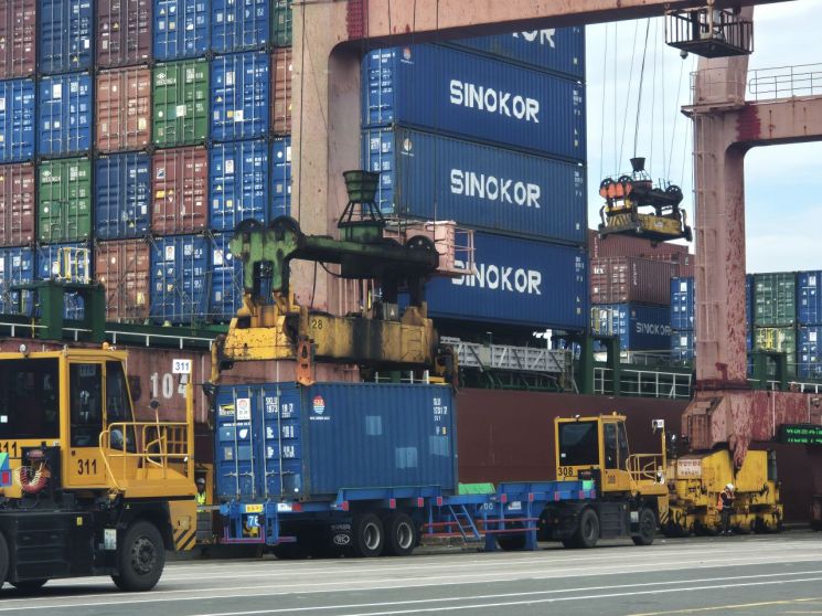 안벽크레인(컨테이너 하역장비)이 작업하는 모습. 신선대·감만터미널