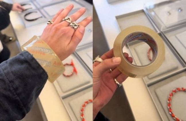 2024년 발렌시아가가 공개한  투명 테이프 모양의 팔찌. 온라인 커뮤니티