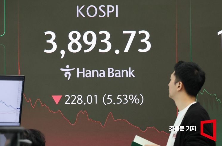 5일 서울 중구 하나은행 딜링룸 현황판에 코스피, 코스닥 등이 표시돼 있다.