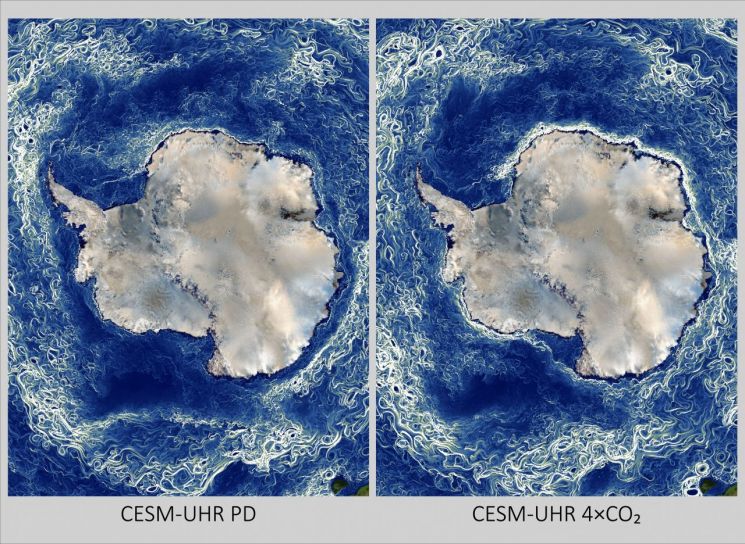 대기 중 이산화탄소 현재 농도(왼쪽)와 4배증(오른쪽) 조건에서의 남극해 9월 중규모 수평 교란 비교. 중규모 수평 교란은 유한 크기 리아프코프 지수(FSLE)를 이용해 정량화했다. FSLE가 높은 값을 가질수록(밝을수록) 수평 교란이 더 강하게 나타남을 의미한다. 이규석 IBS 기후물리 연구단 학생 연구원 제공(그림의 기초가 되는 지도는 NASA Visible Earth에서 차용).