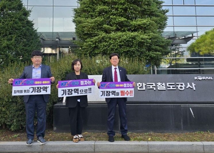 정종복 기장군수(우측)와 기장군 직원들이 코레일 본사 앞에서 KTX-이음 기장역 유치 의지를 보이고 있다. 기장군 제공