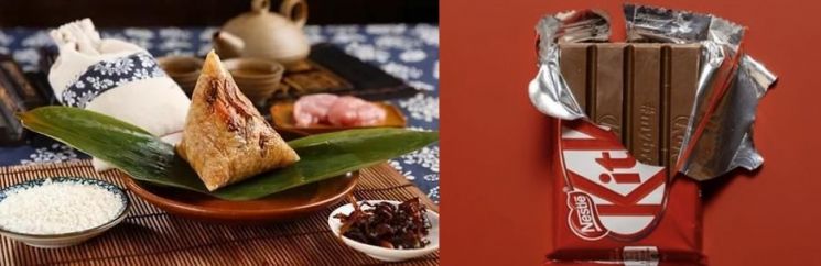 중국 전통 떡 쭝쯔(좌)와 킷캣. 바이두 캡처