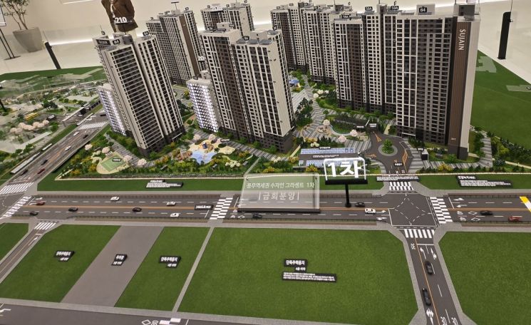 경기 김포시 '풍무역세권 수자인 그라센트 1차'모형도. 단지 왼편에는 수자인 그라센트 2차 단지가 들어설 예정이다. 앞쪽 부지는 단독주택 용지로 계획돼 개방감이 뛰어나고 조망권이 확보된 것이 특징이다. 최서윤 기자