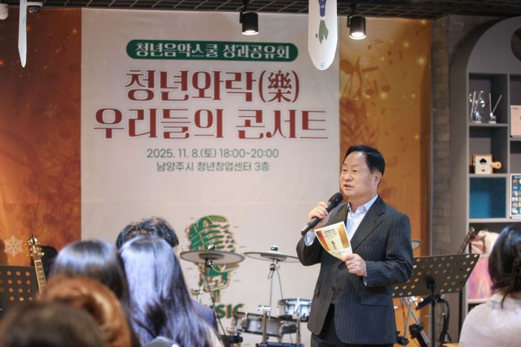 주광덕 남양주시장이 지난 8일 청년창업센터에서 '청년와락(樂)'의 성과공유회 '우리들의 콘서트'에 참석해 인사말을 하고 있다. 남양주시 제공